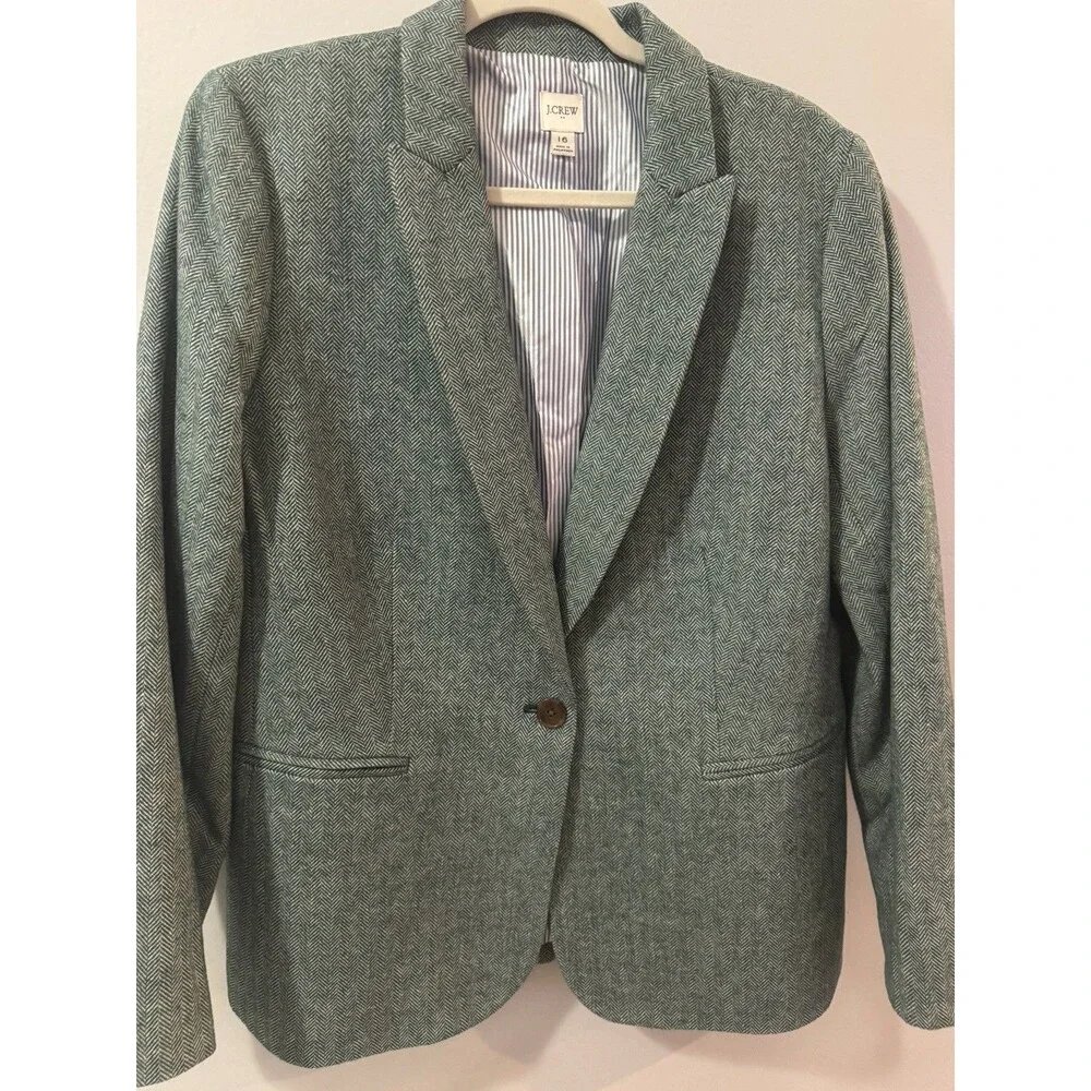 J. Crew Blazer Jacket Women's 16 Green Herringbone One Button Linen Cotton